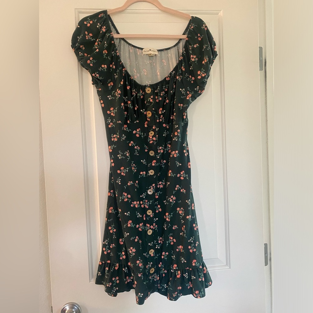 Derek Heart Dark Green Floral Button-Front Mini Dress
